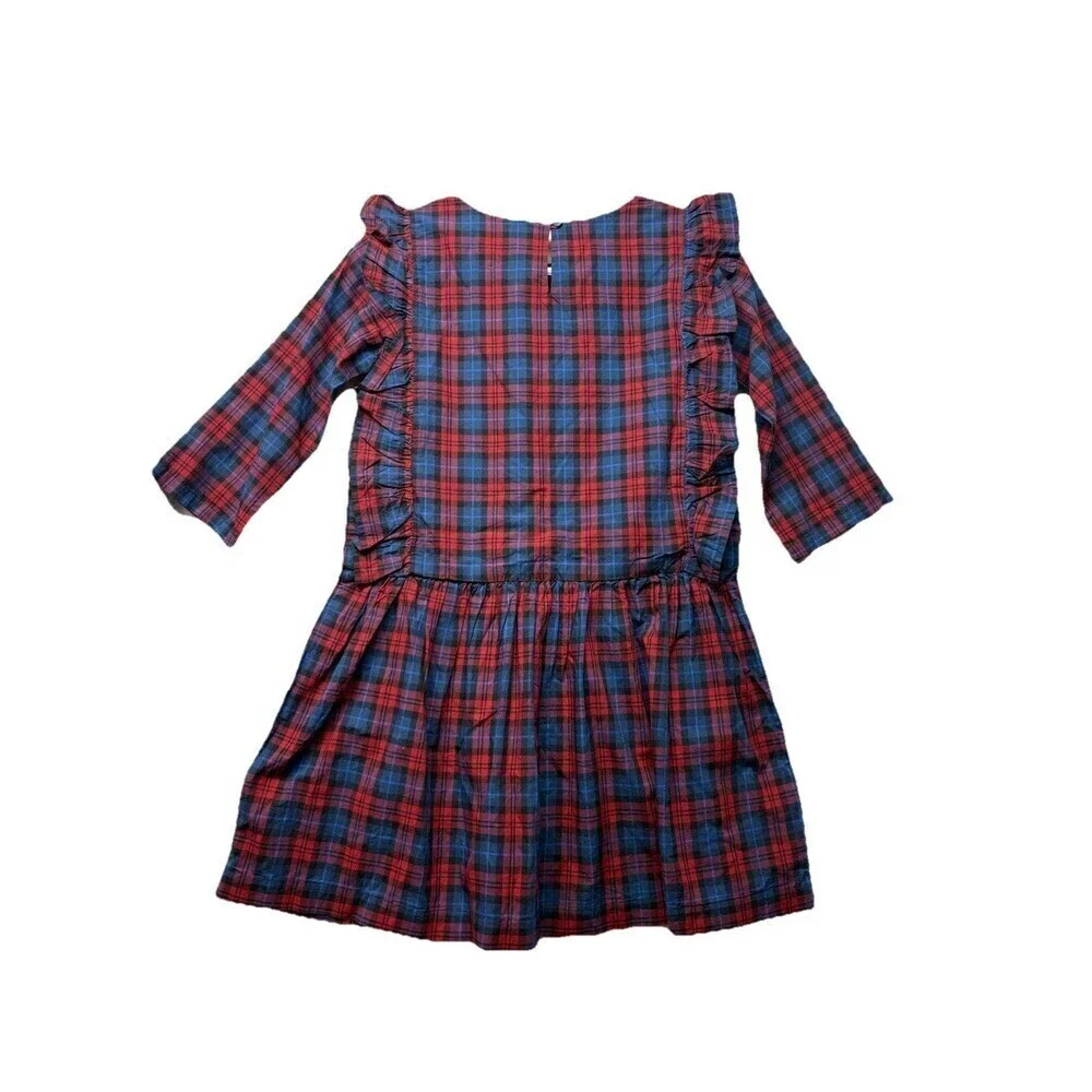TEA COLLECTION Ruffled Shoulder Plaid Dress Blue Red NWT Girls Size 12 3/4 Sleev